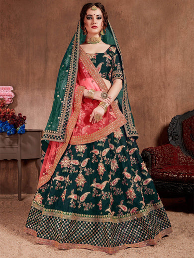Bottle Green Embroidered Taffeta Silk Bridal Wear Lehenga Choli
